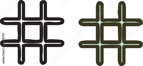Handdrawn hashtag symbol icon set for social media.