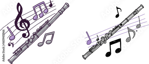 Flutes with musical notes in a whimsical illustration design  