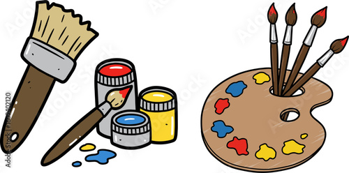 Paintbrush, paint pots, and palette with brushes for back to school  