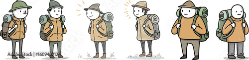 Cartoon hikers with backpacks showing different emotions and poses  