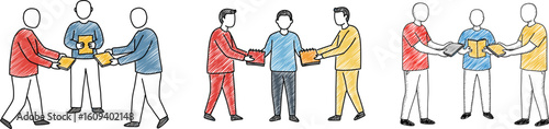 People exchanging gifts and collaborating in a colorful illustration  
