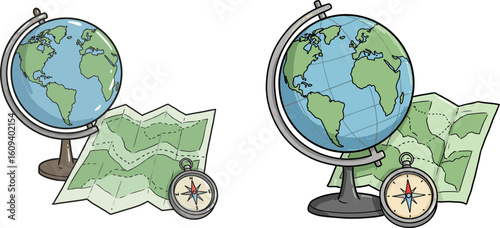Illustrated globe and maps with compass for travel education concept  