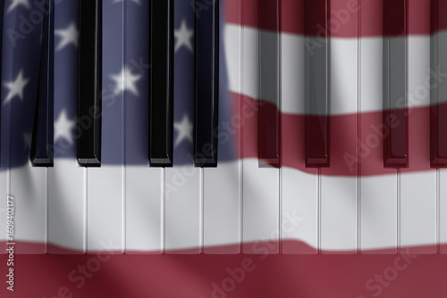Piano keys blend with American flag, symbolizing cultural harmony