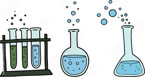 Laboratory glassware with colorful liquids and bubbling reactions  