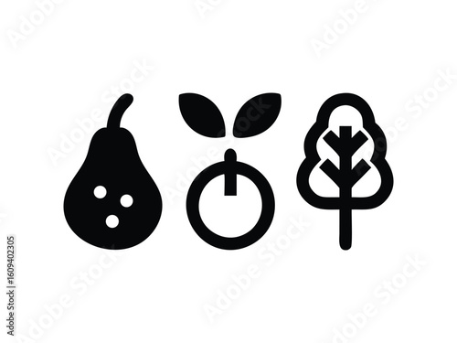 Simple black silhouette icons representing a pear a sprout growing from a circle and a stylized tree on white background