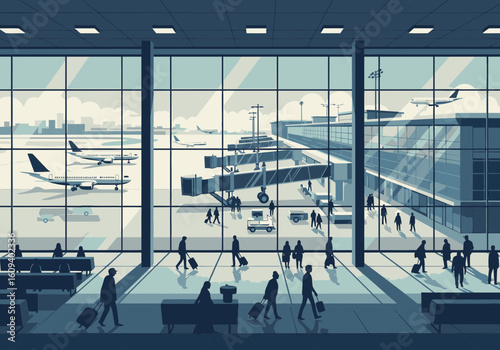 Travelers with luggage walk through a modern airport terminal with a view of airplanes on the tarmac.