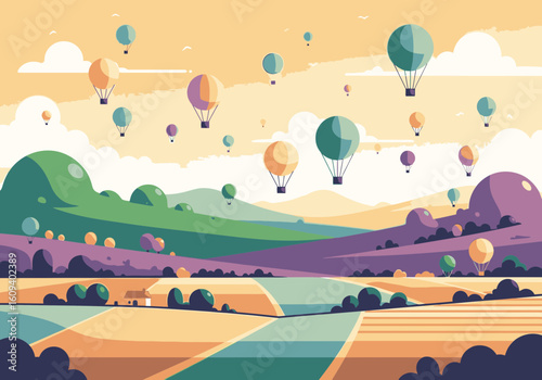 A stylized illustration of colorful hot air balloons floating over a scenic landscape of rolling hills and fields.