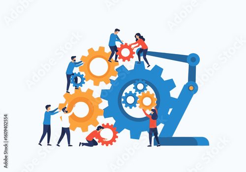 A group of diverse people collaboratively assemble a complex mechanism of interlocking cogs and gears.