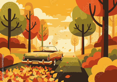A classic convertible car drives down a scenic road, kicking up colorful leaves in an autumn forest.