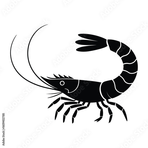 Vector art of a black silhouette of a shrimp isolated on white background