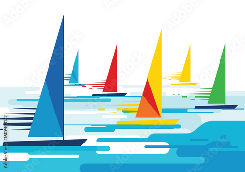 A vibrant, geometric illustration of colorful sailboats racing on the blue sea during a regatta.