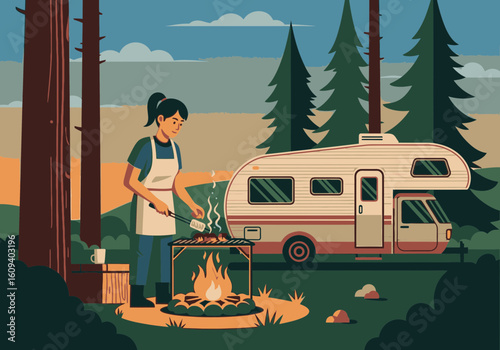 A woman in an apron grills food over a campfire next to her camper van in a forest setting.