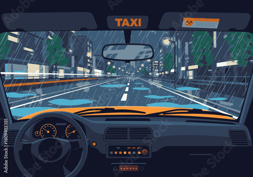 View from a taxi dashboard driving down a wet city street on a rainy night.
