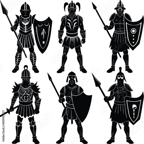 Gladiator & Warrior Silhouettes - Ancient Roman & Greek Soldier Vector Set