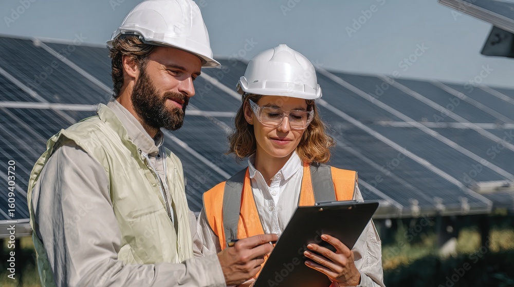 Two engineers wearing safety helmets and vests review plans on a clipboard at a solar panel installation site. Two engineers wearing safety helmets and vests review plans on a clipboard at a solar panel installation site.