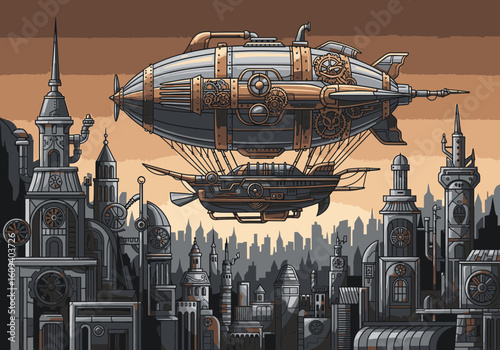 Pixel art illustration of a steampunk airship flying over a detailed, stylized cityscape with tall, ornate buildings.
