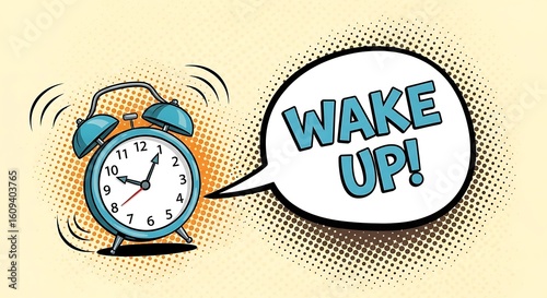 Vintage alarm clock ringing with wake up message in comic book style art