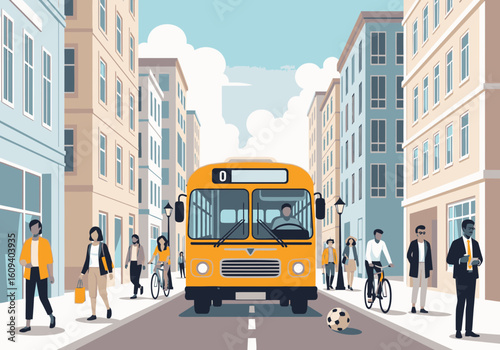 A yellow bus is the central focus on a busy city street with pedestrians, cyclists, and tall buildings.
