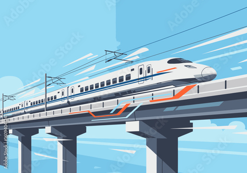 A modern high-speed bullet train travels on an elevated railway bridge against a blue sky.