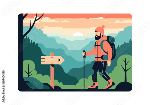 A bearded hiker with a backpack and pole walks on a mountain trail past a signpost at sunset.