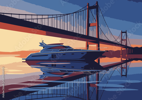 A modern motor yacht reflects in calm water under a large suspension bridge during a colorful sunset.