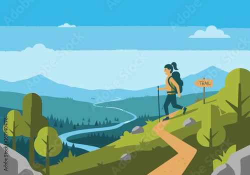 A woman hikes up a trail with a backpack and walking stick, mountains and trees in the background.