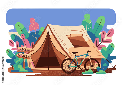 A stylized illustration of a bikepacking adventure with a tent and mountain bike at a campsite.