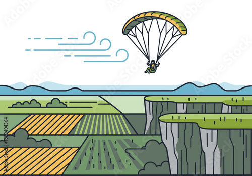 A paraglider soars above a vibrant landscape of fields and cliffs.