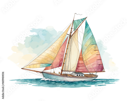 watercolor A Sloop Sailboat vector illustration isolated on white background