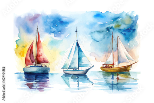 set of watercolor A Sloop Sailboat vector illustration isolated on white background