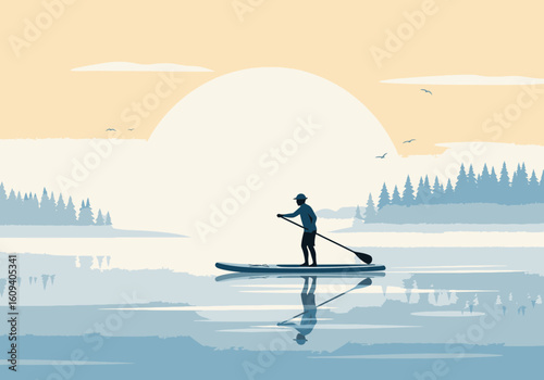 Silhouette of a person paddleboarding on calm water at sunset.