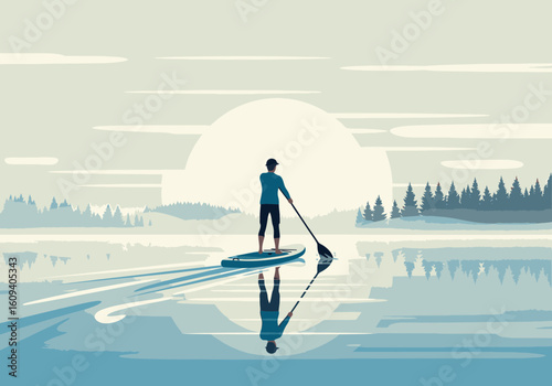 A person paddleboarding on a calm lake with a reflection, set against a backdrop of trees and a rising sun.