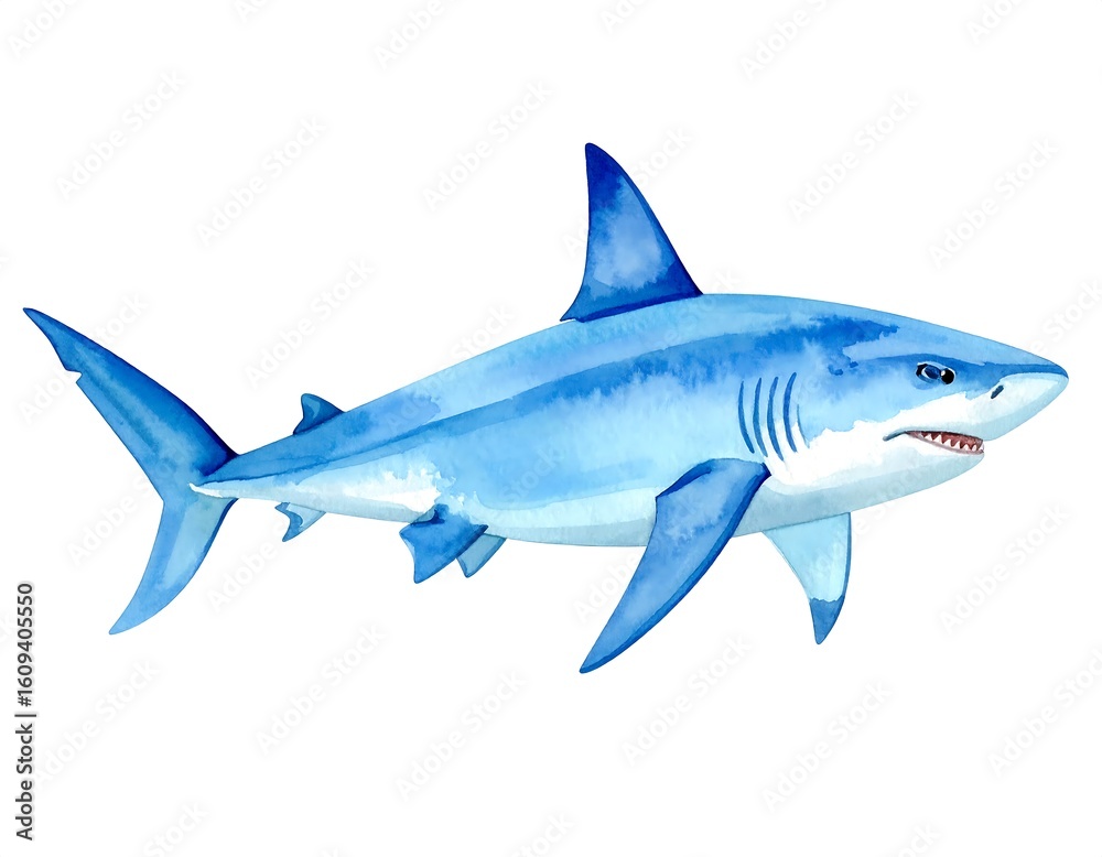 Naklejka premium Watercolor illustration of a shark. Side profile, vibrant blue, open mouth