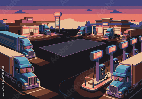 A vibrant pixel art illustration of a truck stop at dusk, with multiple semi-trucks parked and at the fuel pumps.