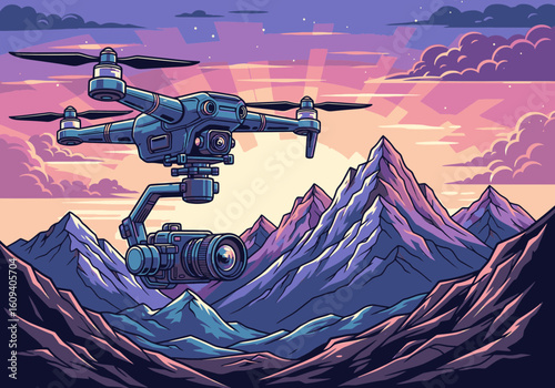 An illustrated drone with a camera flies over a purple mountain range during a vibrant sunset.
