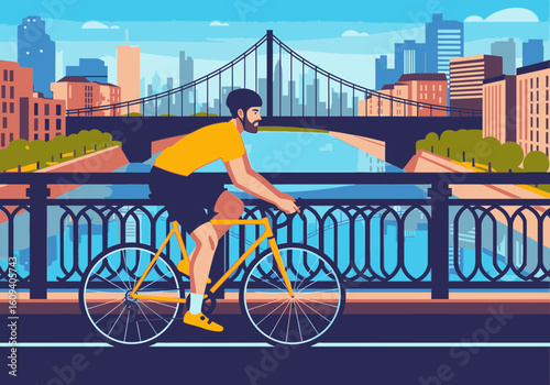 Man cycling across a bridge in a city, with buildings and a river in the background.