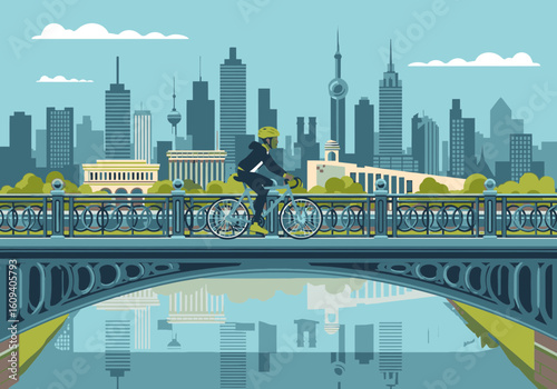 Cyclist rides across a bridge, with a cityscape and its reflection.