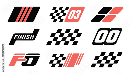  Racing Stripe and Decal Set, Speed Lines, Tuning Stickers, Checkered Flags, and Motocross Labels for Sport Car Wraps and Motorsport-Themed Branding Designs vector