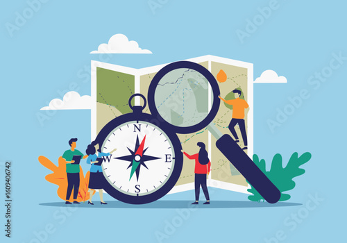 People planning a trip, using a compass, map, and magnifying glass, set against a blue background with clouds.