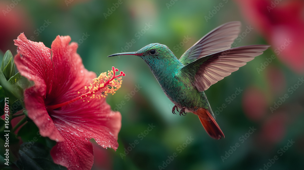 Fototapeta premium Hummingbird hovering near red hibiscus flower in vibrant garden setting 