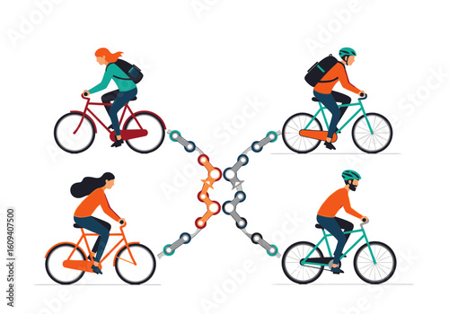 Four people on bicycles connected by bicycle chains, illustrating a community or team effort.