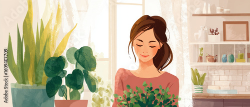 Woman enjoys peaceful moment with indoor plants in cozy apartment