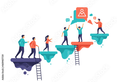 Illustration of people collaborating and climbing platforms with ladders, reaching for a shared goal represented by icons.
