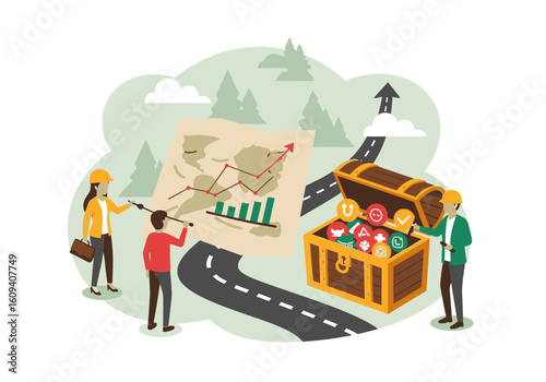 Business team analyzing a map, charting a course toward a treasure chest of success.