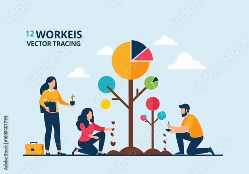 Businesspeople planting seedlings, symbolizing growth and collaboration, with a pie chart tree.