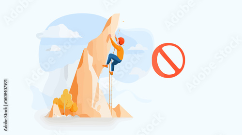 Climber ascending steep rock face with warning sign in background  