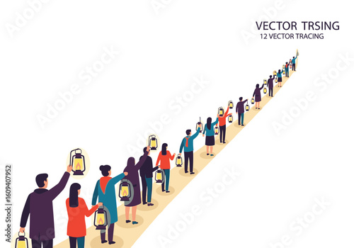 A long line of people carrying lanterns, walking in a single file.