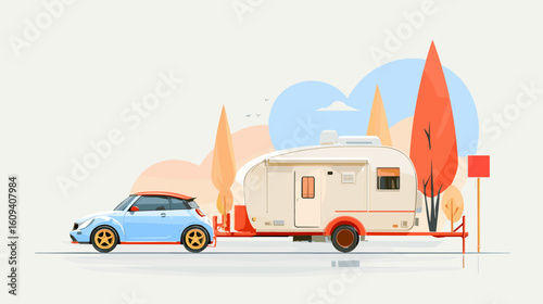 Car towing caravan in colorful autumn landscape  