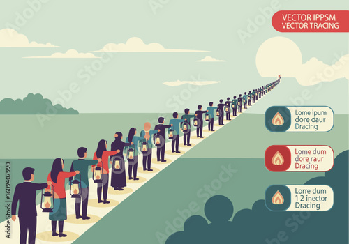 A long line of people, each carrying a lantern, follows a path leading towards a distant light.