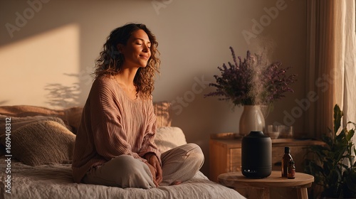 A woman sits peacefully on a bed, enjoying a calming moment with a diffuser and essential oil in softly lit, cozy bedroom ambiance.